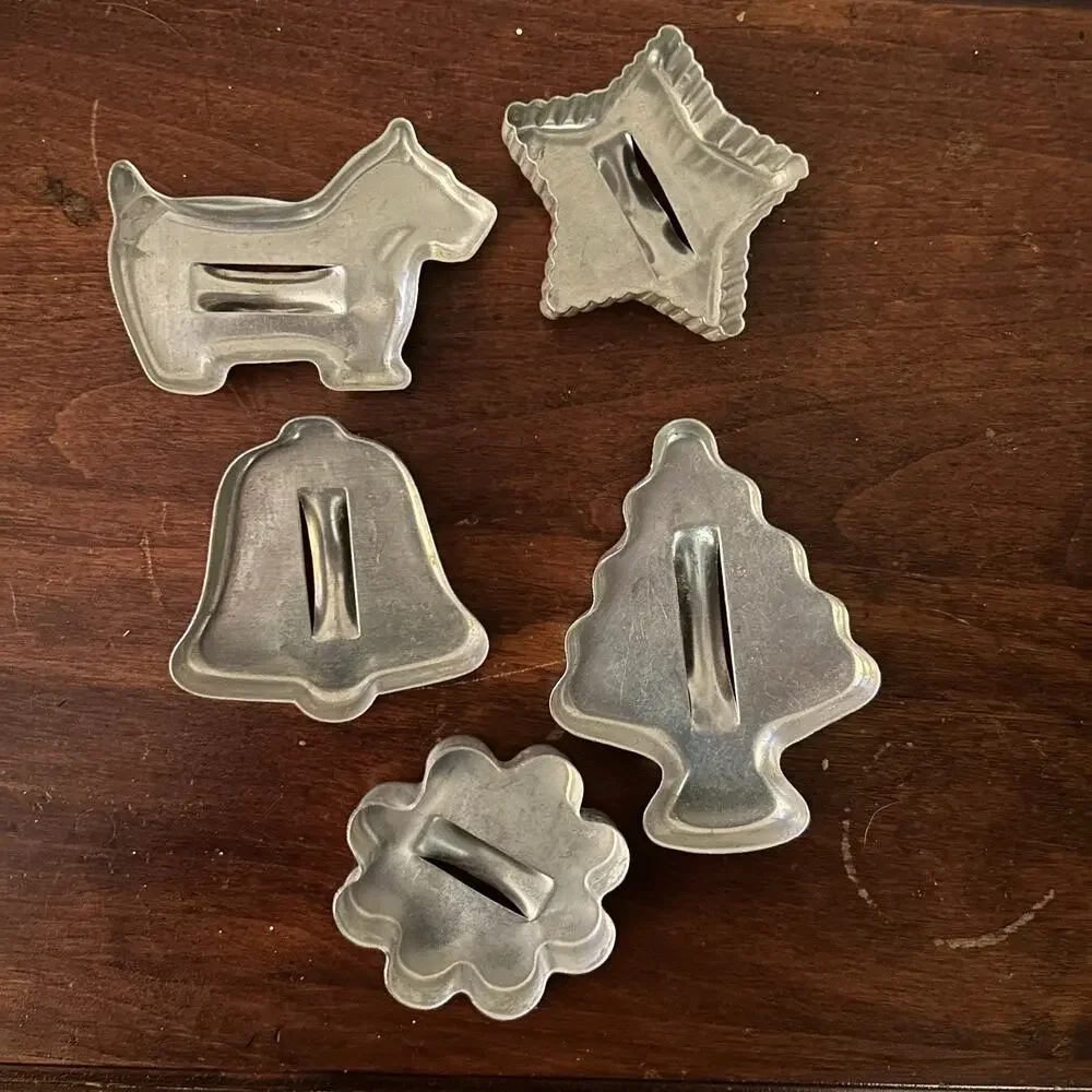 Vintage Aluminum Cookie Cutters Lot 5 Flower Bell Dog Star Christmas Tree